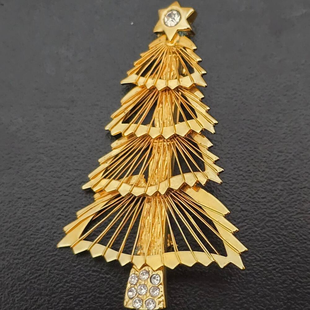 Monet Wire Christmas Tree Brooch Clear Rhinestone Gold Tone